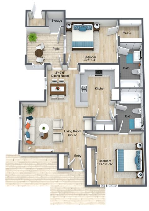 A floor plan of a two-bedroom apartment with a living room, dining room, kitchen, and bathroom.